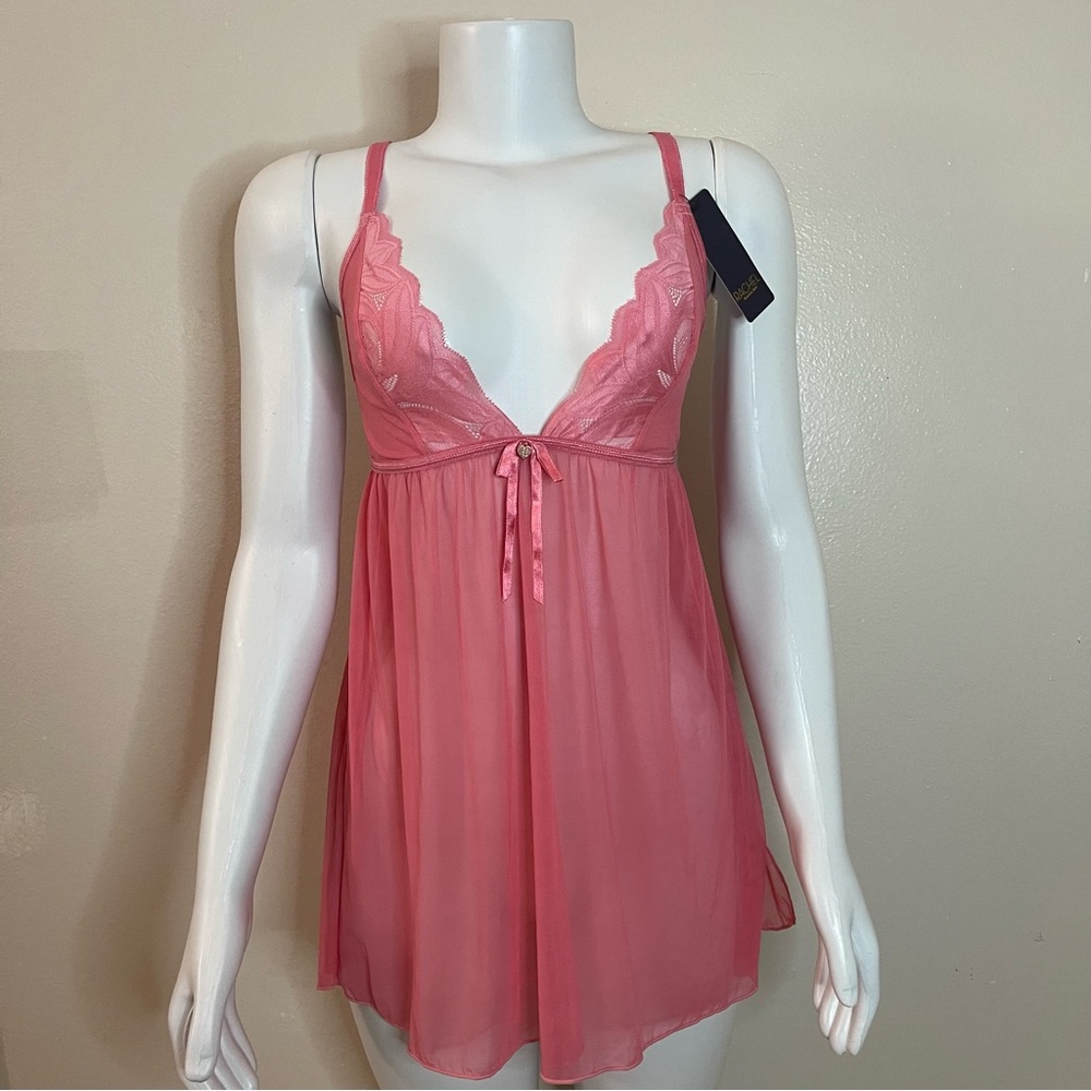 Pink mesh lingerie babydoll with lace details T-string thong two piece set